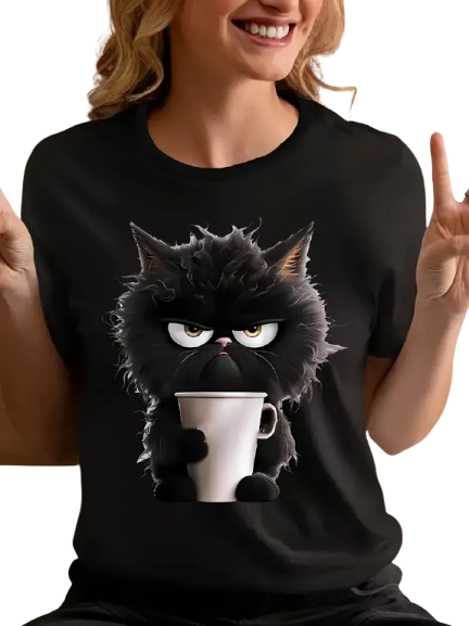 Cat Print T-shirt, Casual Short Sleeve Round Neck