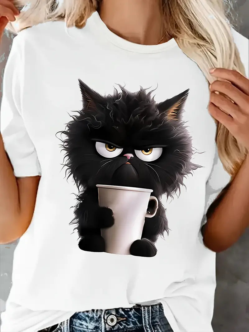 Cat Print T-shirt, Casual Short Sleeve Round Neck