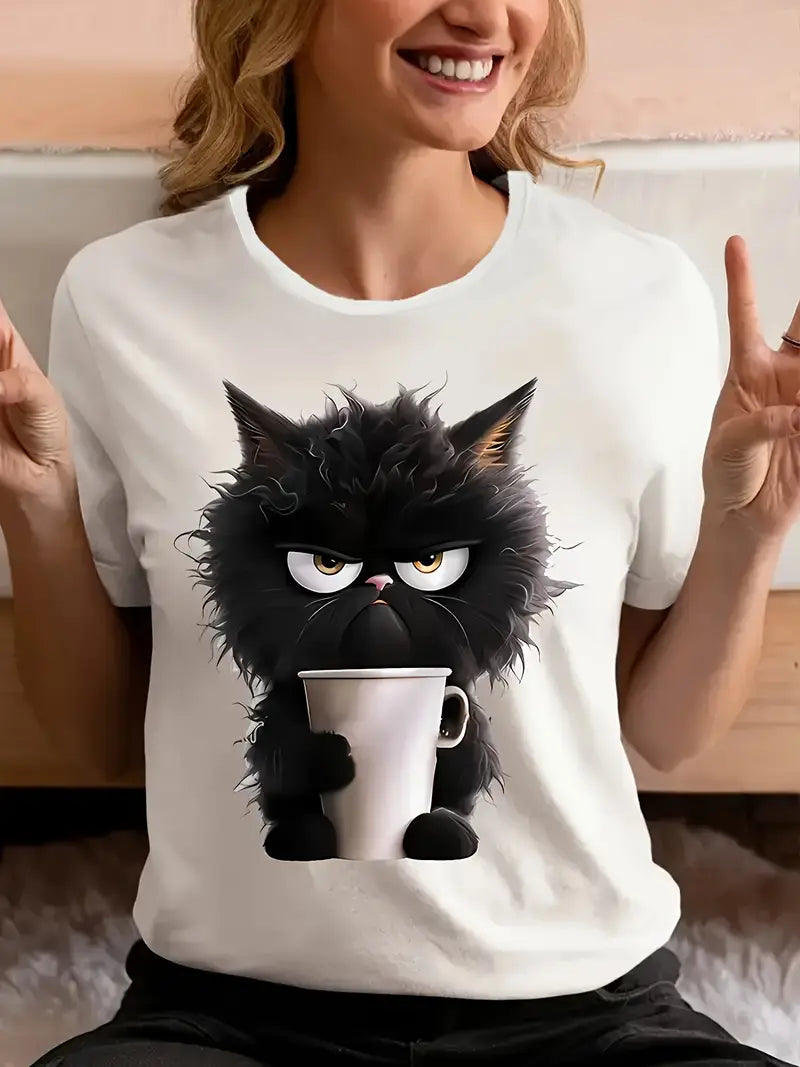 Cat Print T-shirt, Casual Short Sleeve Round Neck