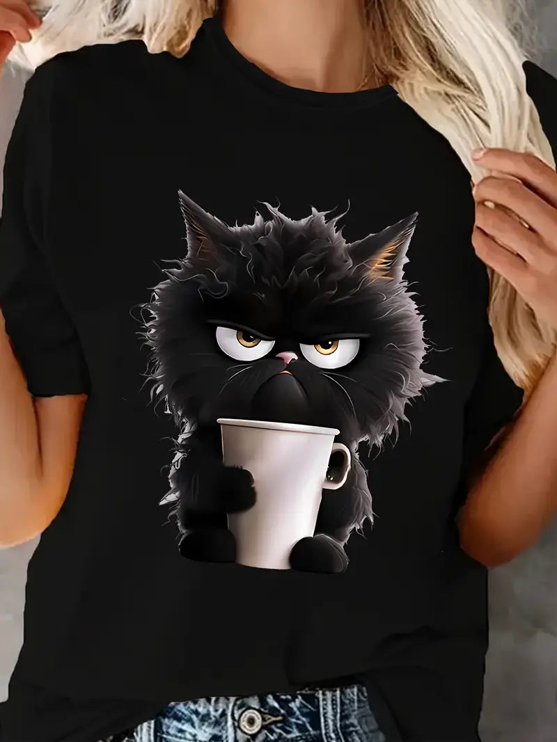 Cat Print T-shirt, Casual Short Sleeve Round Neck